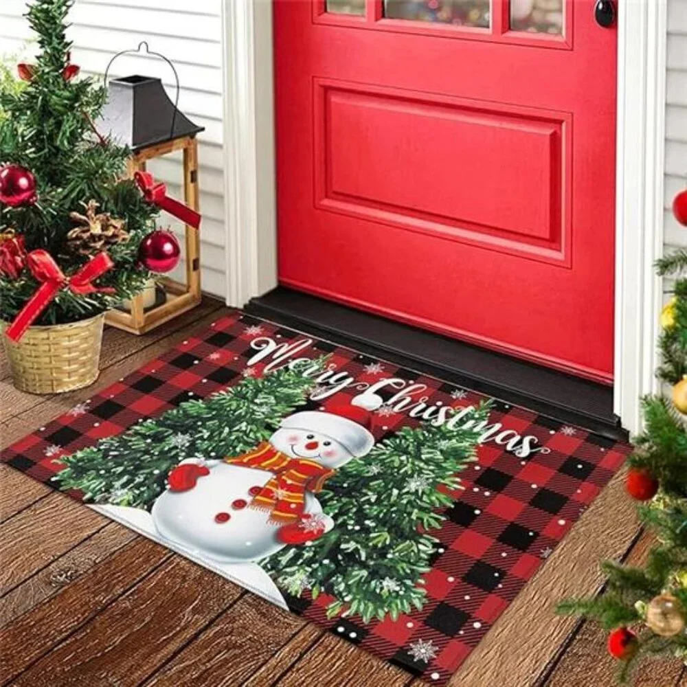 Snowman Trees Entrance Door Mat, Red Plaid Low Profile Tradition Christmas Decor